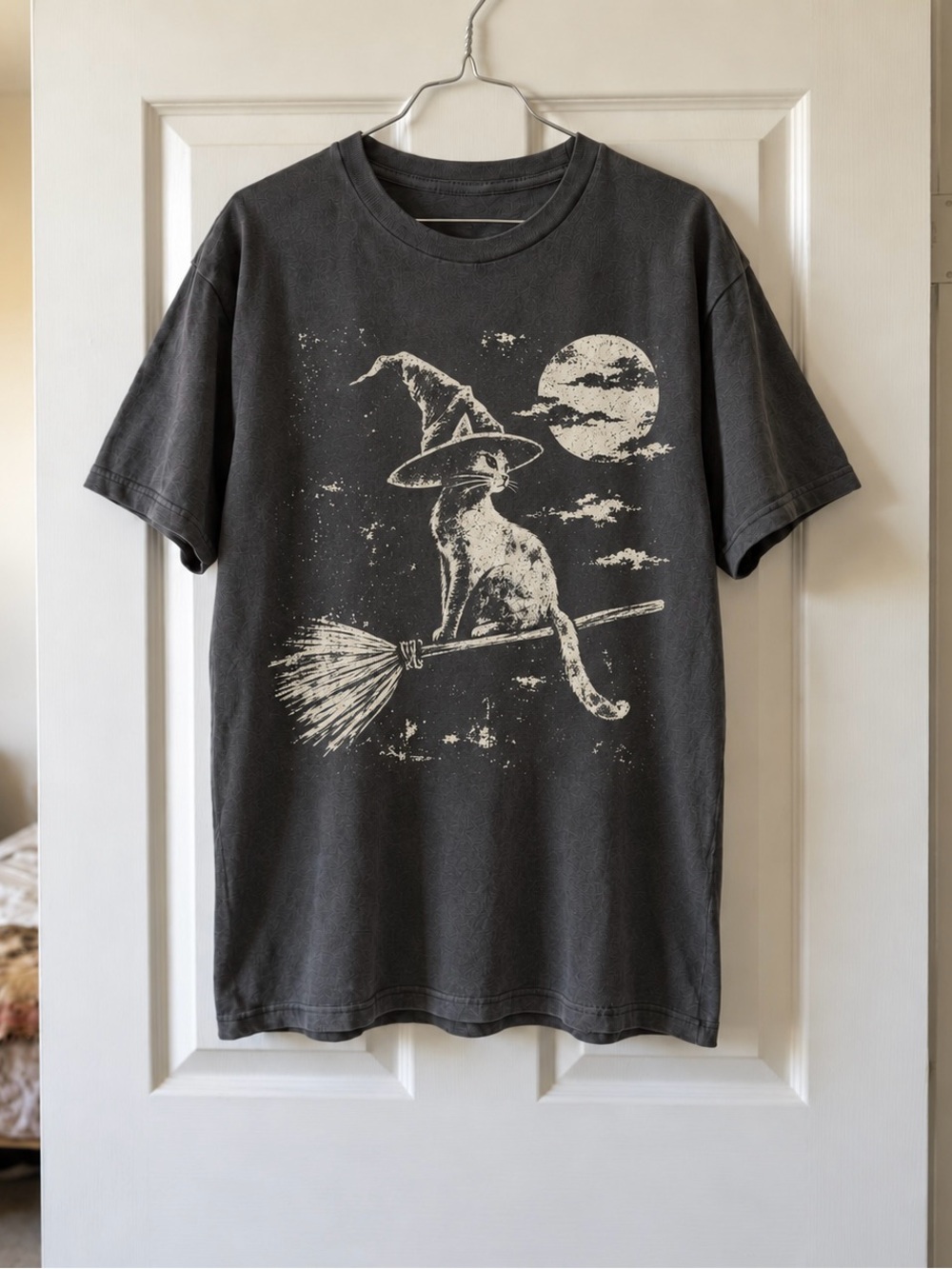 Charcoal Witchy Black Cat Broom Spooky Fall Aesthetic Womens Reprint Tee Shirt